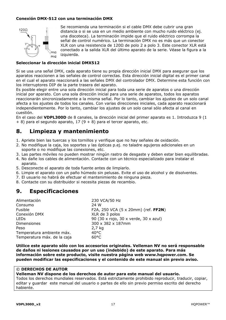 Limpieza y mantenimiento, Especificaciones | Velleman VDPL300D User Manual | Page 17 / 23