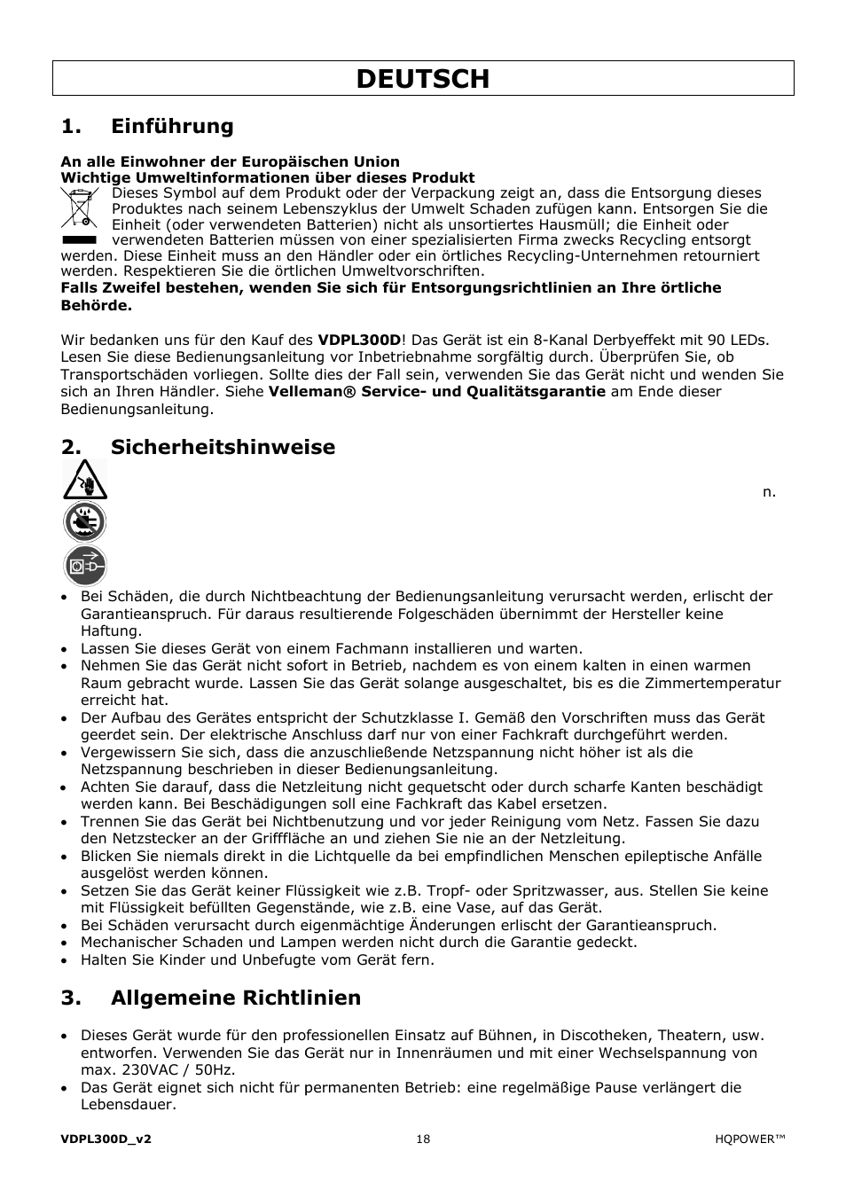 Eutsc, Einf, Sich | Allg, Führung, Herheits, Emeine, Shinwei, E richtl, Inien | Velleman VDPL300D User Manual | Page 18 / 23