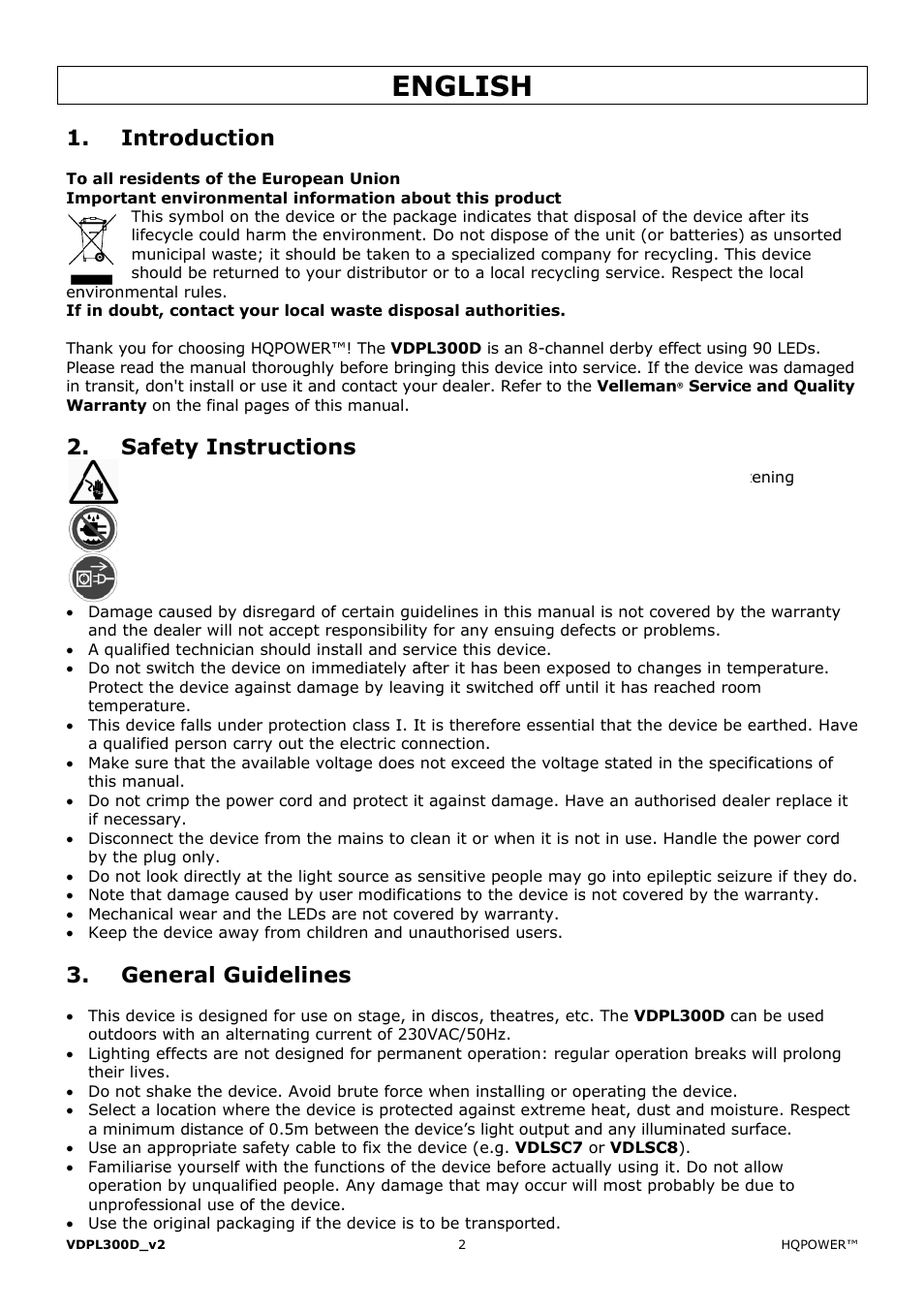 Nglis, Intr, Safe | Roductio, Ety inst, Eral gu, Truction, Uideline | Velleman VDPL300D User Manual | Page 2 / 23