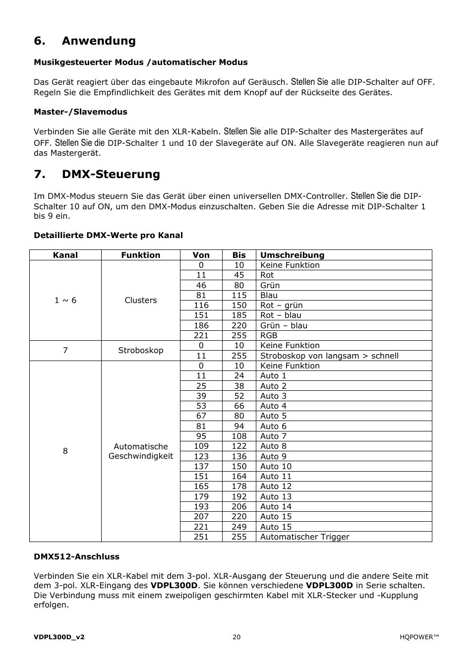 Anwendung, Dmx-steuerung | Velleman VDPL300D User Manual | Page 20 / 23