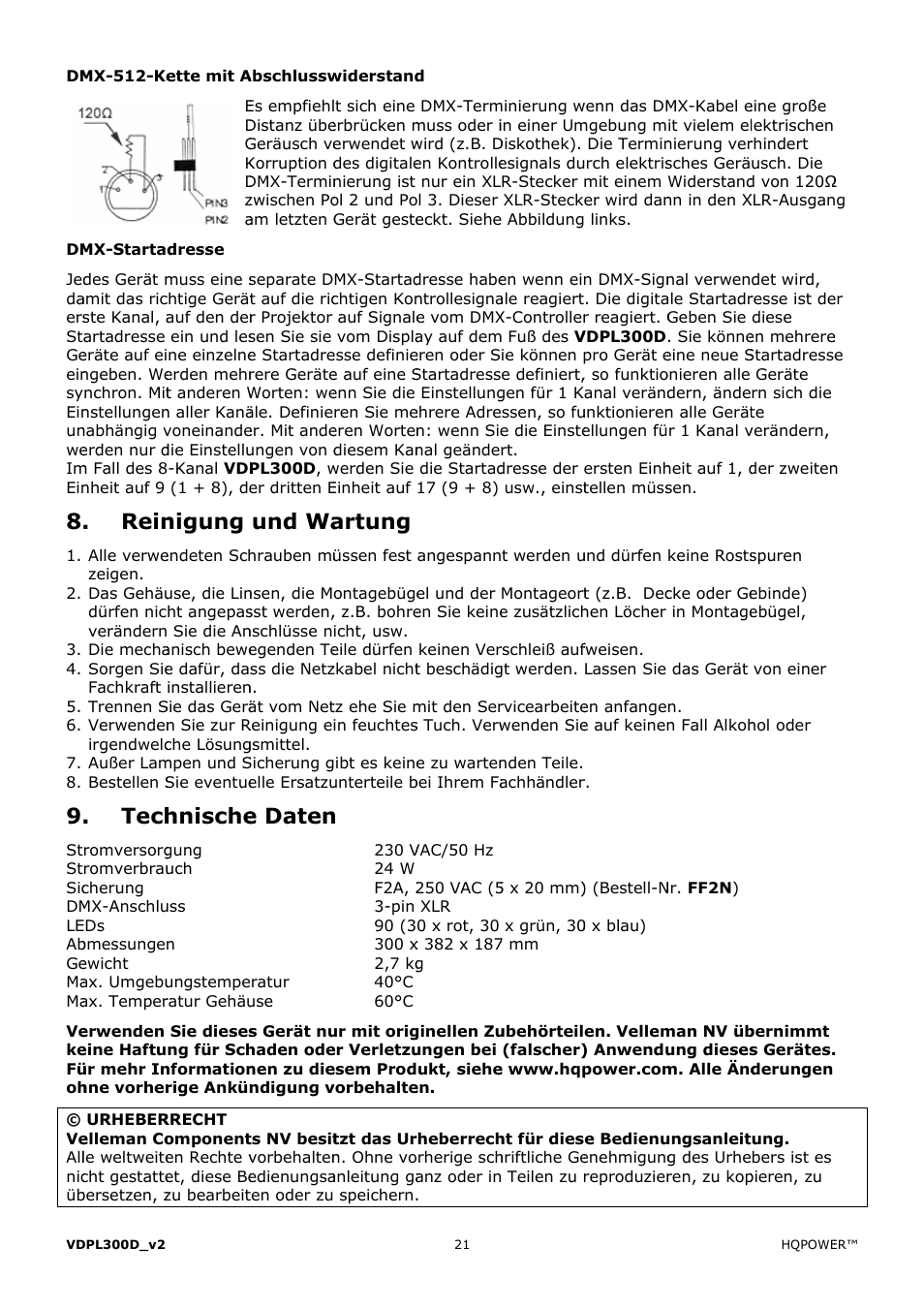 Rein, Tech, Nigung | Hnische, Und wa, E daten, Artung | Velleman VDPL300D User Manual | Page 21 / 23