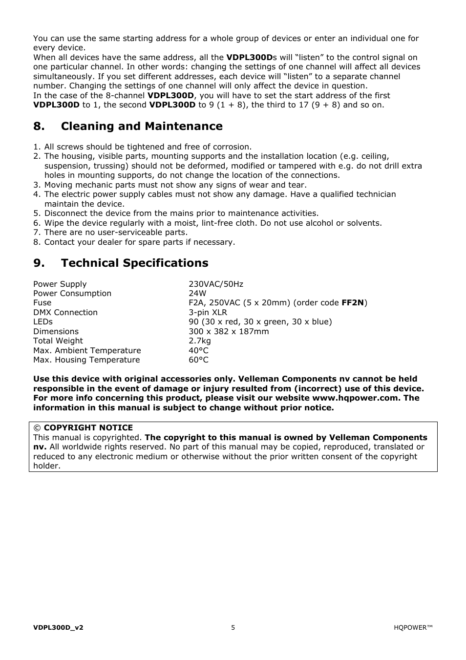 Cleaning and maintenance, Technical specifications | Velleman VDPL300D User Manual | Page 5 / 23