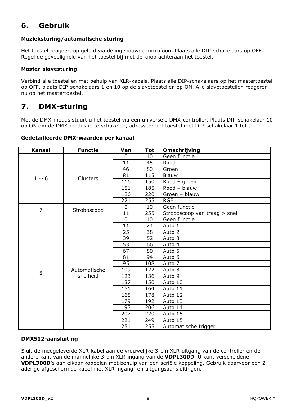 Gebruik, Dmx-sturing | Velleman VDPL300D User Manual | Page 8 / 23