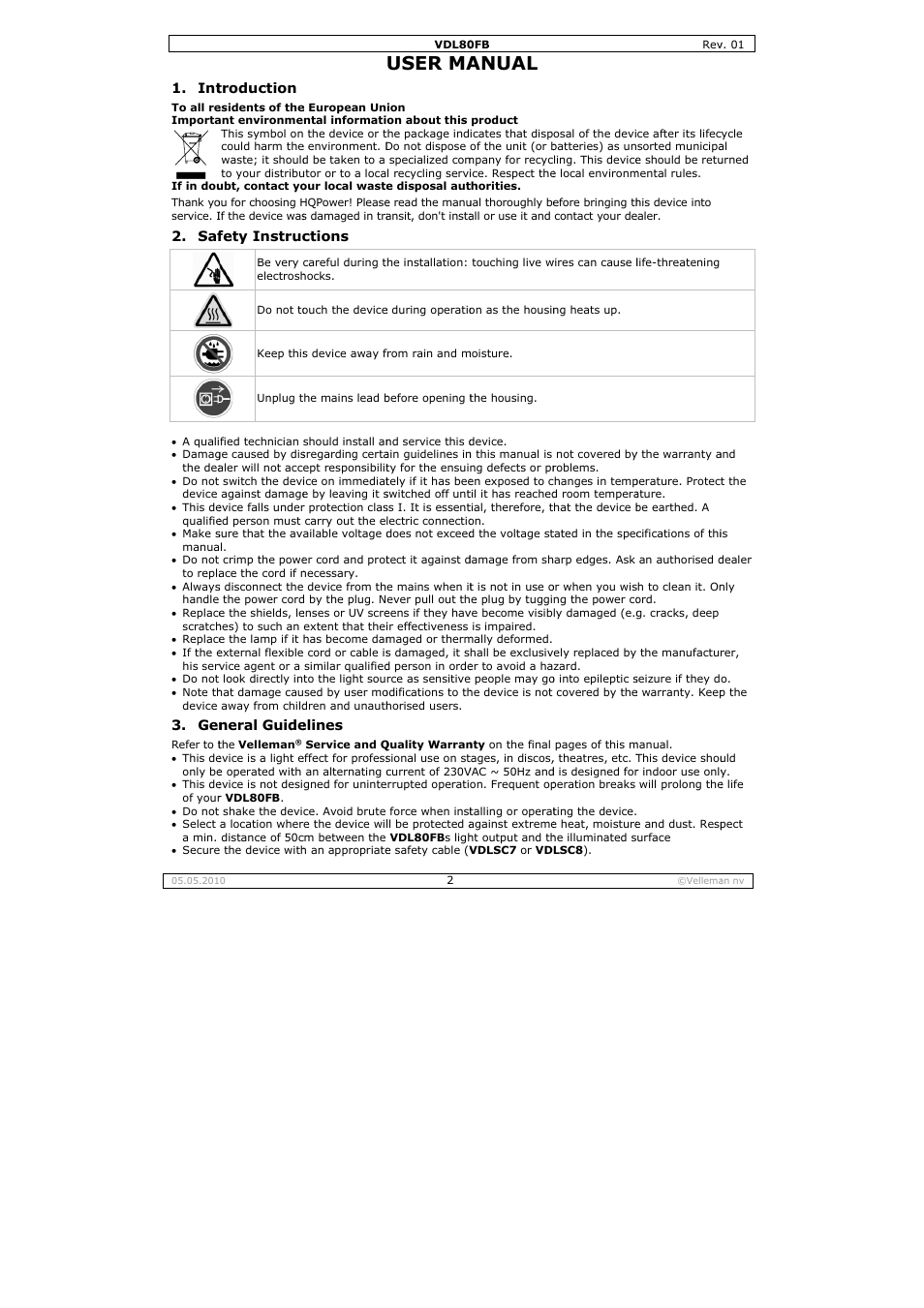 User ma, Anual | Velleman VDL80FB User Manual | Page 2 / 17