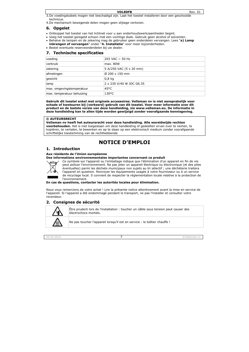 Otice d, Emploi | Velleman VDL80FB User Manual | Page 7 / 17