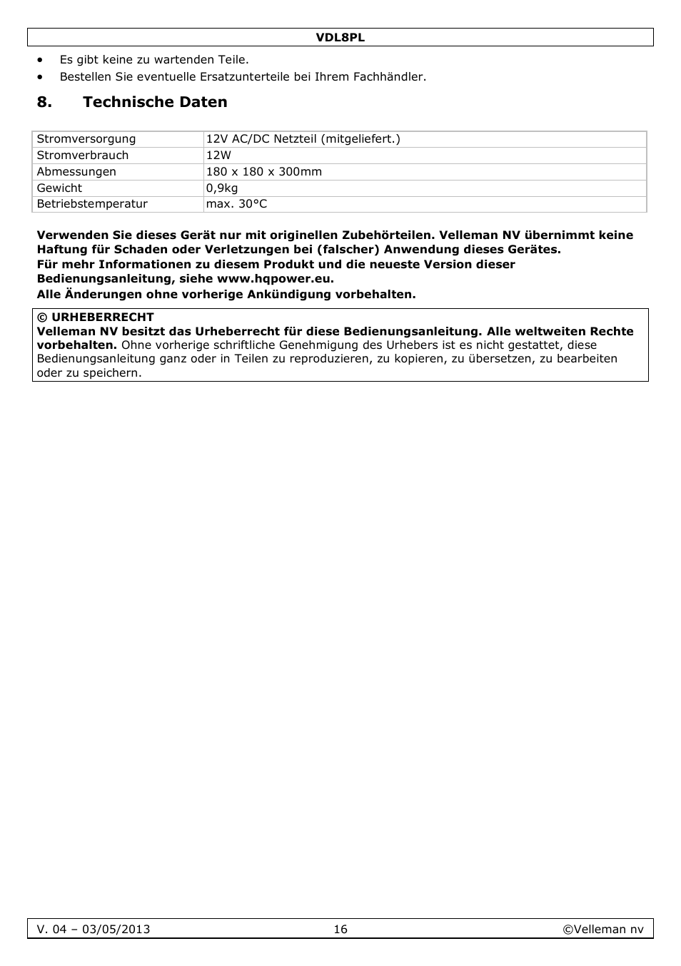 Technische daten, Warranty - garantie - garantia | Velleman VDL8PL User Manual | Page 16 / 18