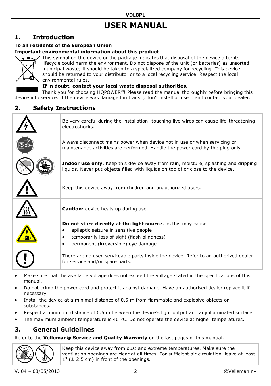 User manual, Introduction, Safety instructions | General guidelines | Velleman VDL8PL User Manual | Page 2 / 18