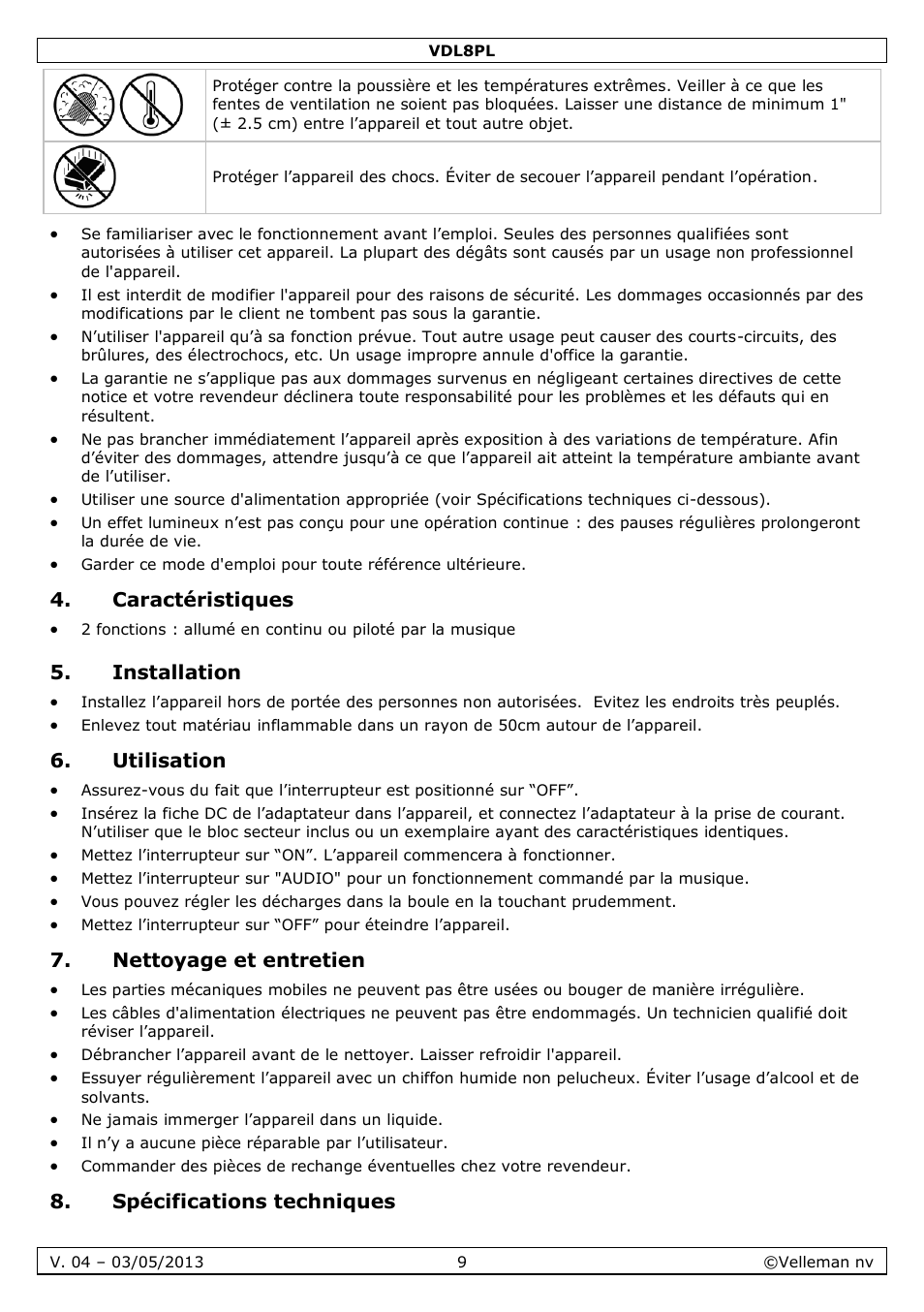 Caractéristiques, Installation, Utilisation | Nettoyage et entretien, Spécifications techniques | Velleman VDL8PL User Manual | Page 9 / 18