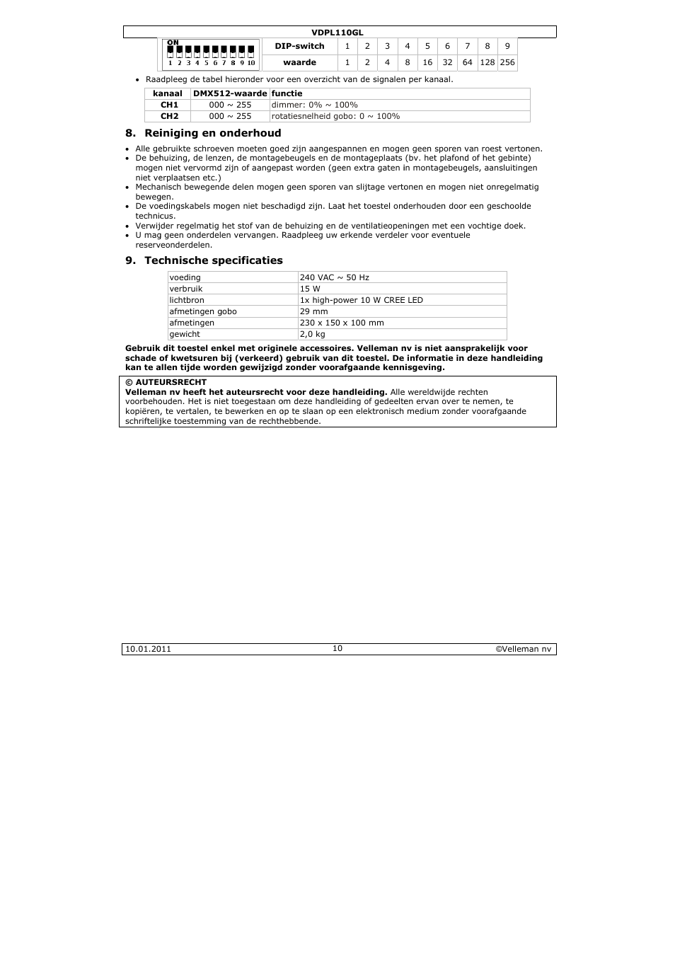 Velleman VDPL110GL User Manual | Page 10 / 24