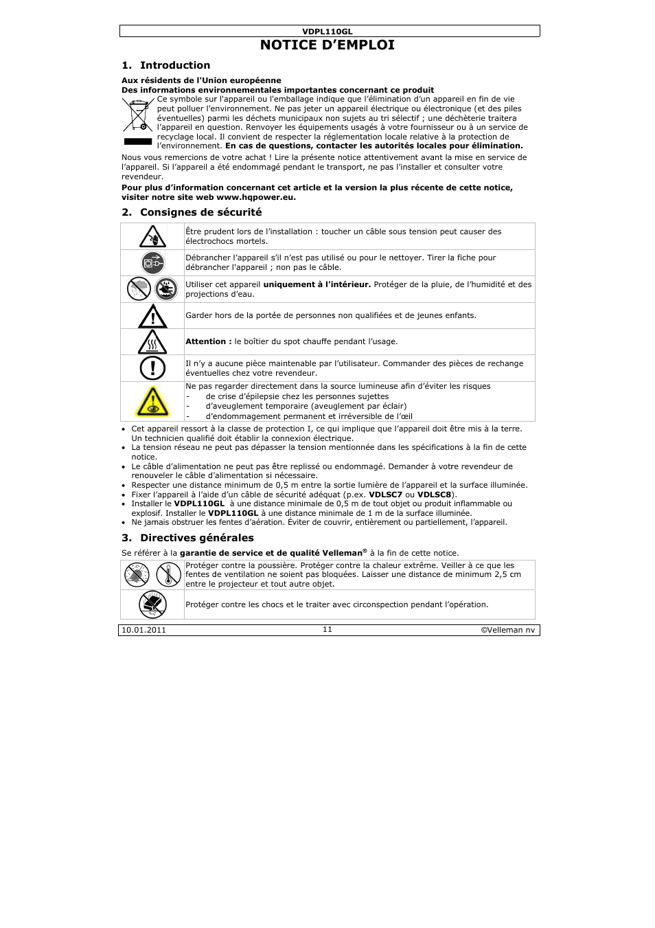 Otice d, Emploi | Velleman VDPL110GL User Manual | Page 11 / 24