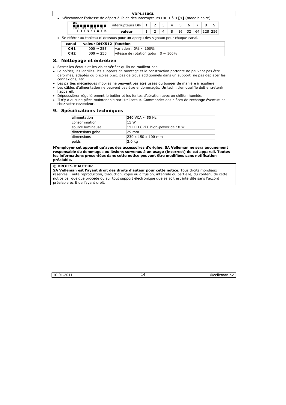 Velleman VDPL110GL User Manual | Page 14 / 24