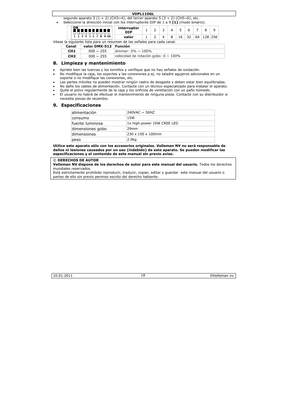 Velleman VDPL110GL User Manual | Page 18 / 24