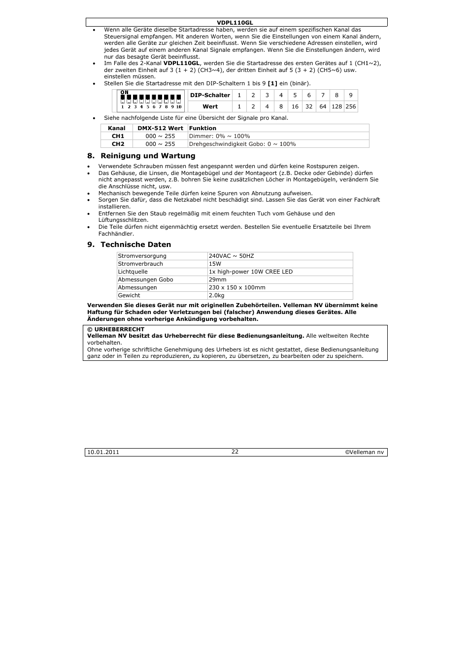 Velleman VDPL110GL User Manual | Page 22 / 24