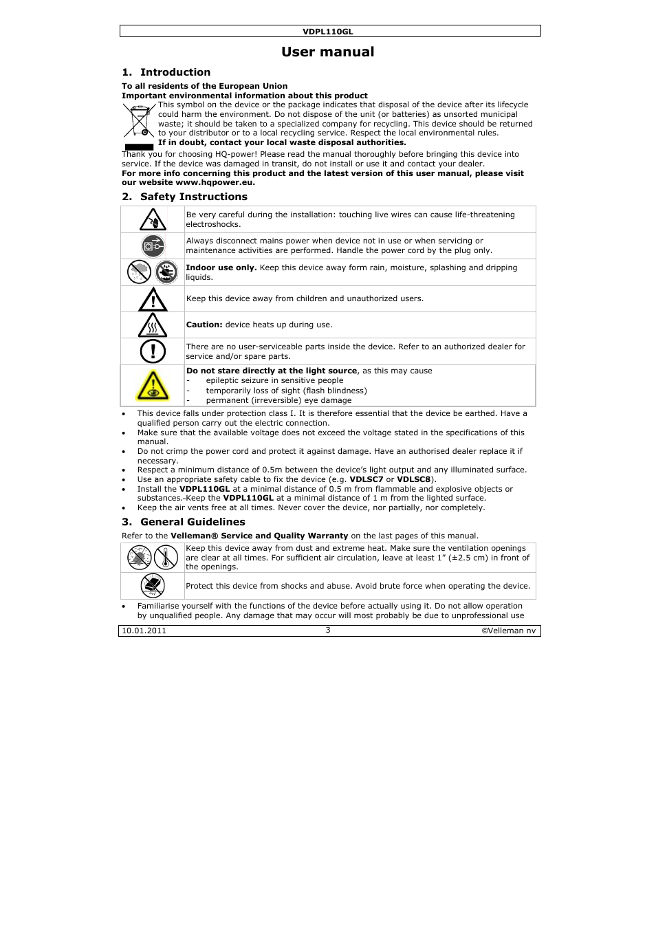 User m, Anual | Velleman VDPL110GL User Manual | Page 3 / 24