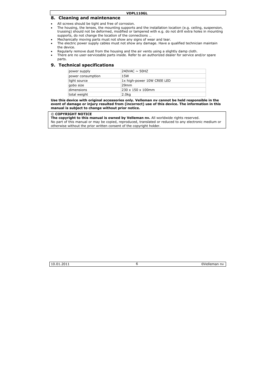 Velleman VDPL110GL User Manual | Page 6 / 24