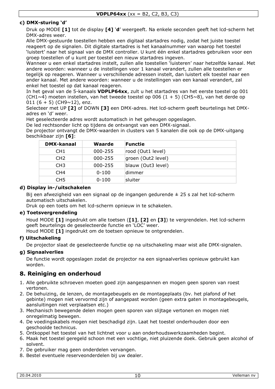 Reiniging en onderhoud | Velleman VDPLP64B2 User Manual | Page 10 / 26