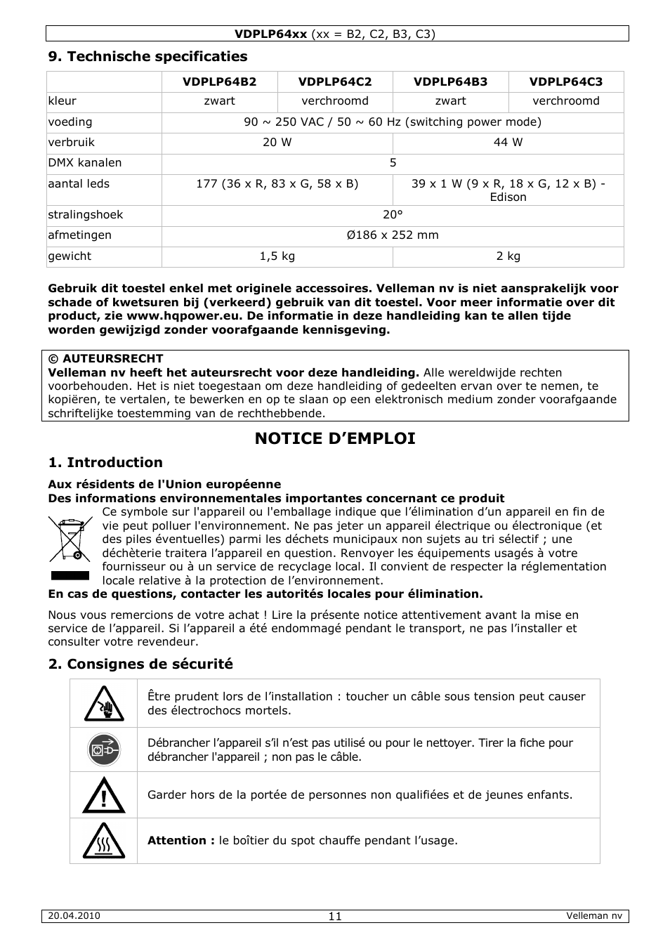 Notice d’emploi, Technische specificaties, Introduction | Consignes de sécurité | Velleman VDPLP64B2 User Manual | Page 11 / 26