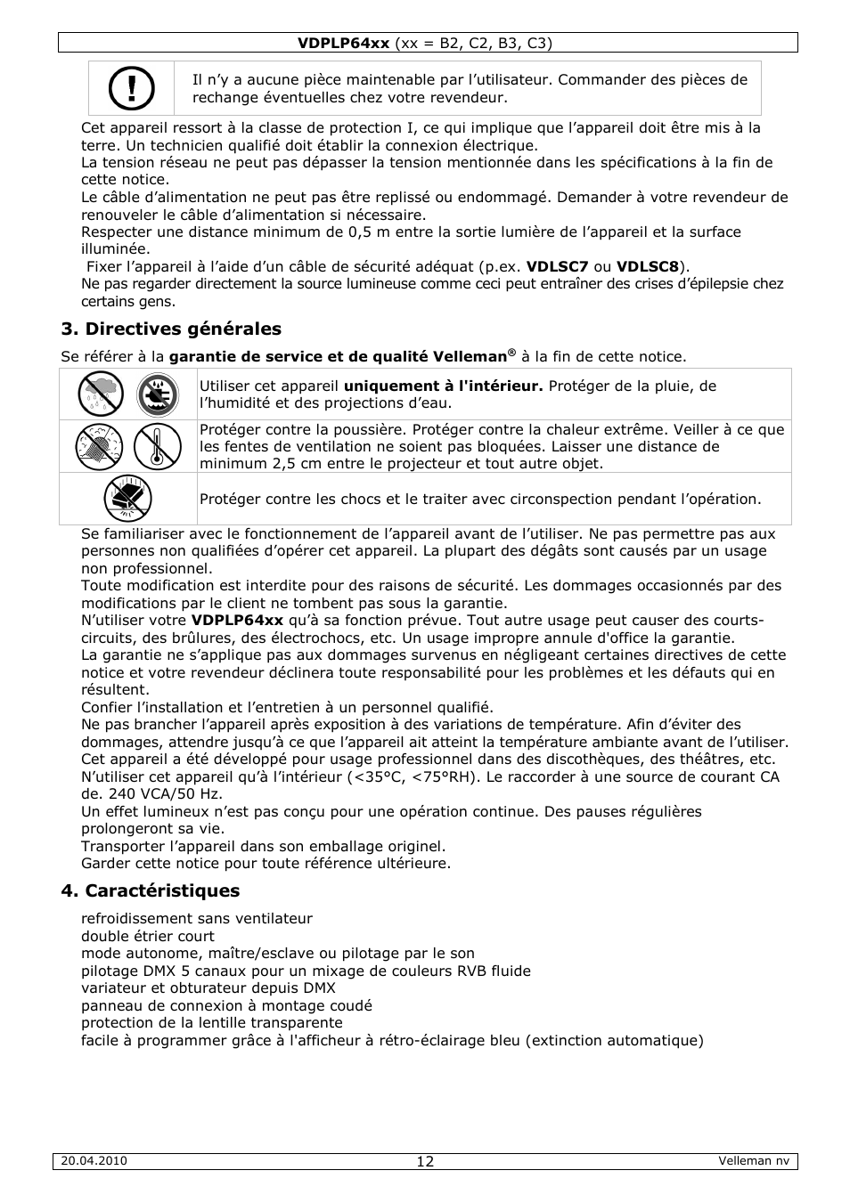 Directives générales, Caractéristiques | Velleman VDPLP64B2 User Manual | Page 12 / 26