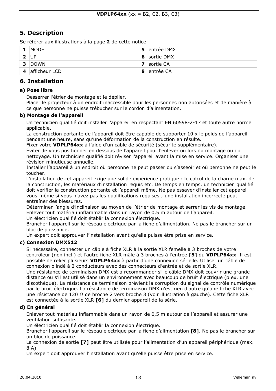 Description, Installation | Velleman VDPLP64B2 User Manual | Page 13 / 26