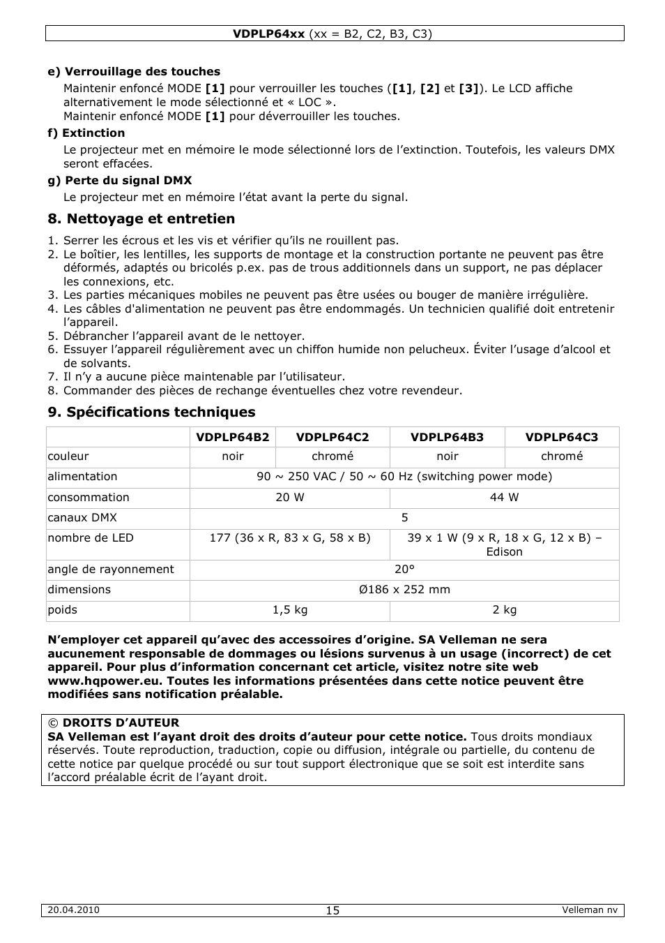 Nettoyage et entretien, Spécifications techniques | Velleman VDPLP64B2 User Manual | Page 15 / 26