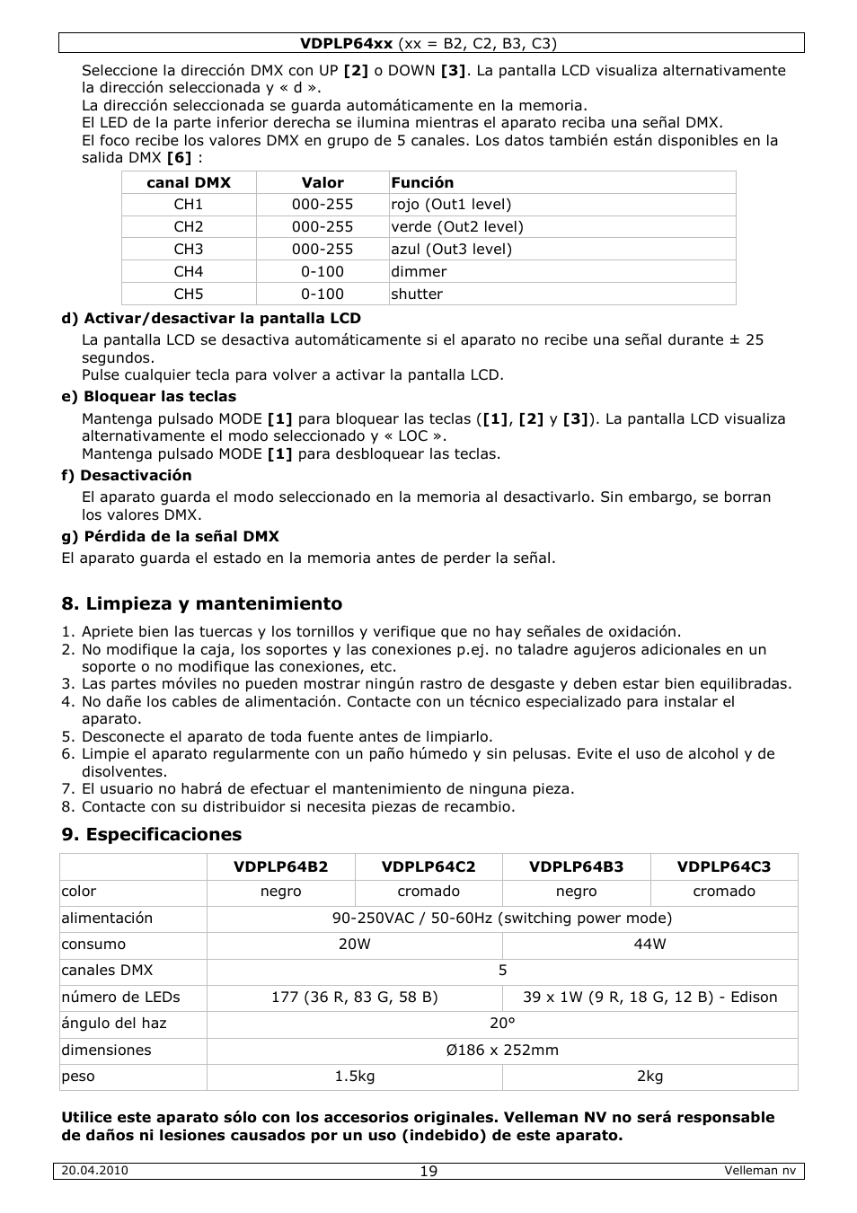 Limpieza y mantenimiento, Especificaciones | Velleman VDPLP64B2 User Manual | Page 19 / 26