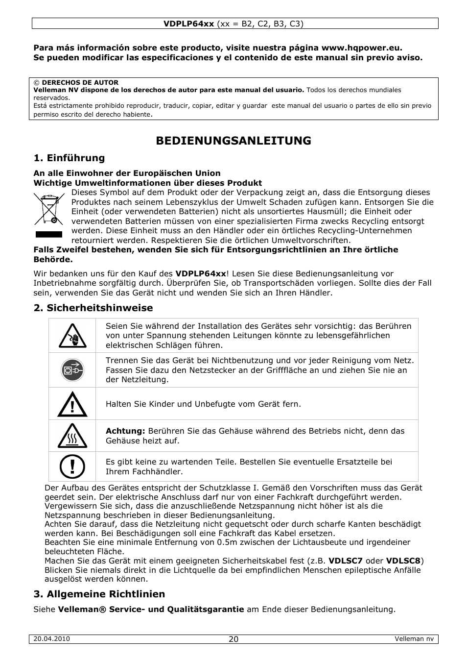 Bedienungsanleitung, Einführung, Sicherheitshinweise | Allgemeine richtlinien | Velleman VDPLP64B2 User Manual | Page 20 / 26