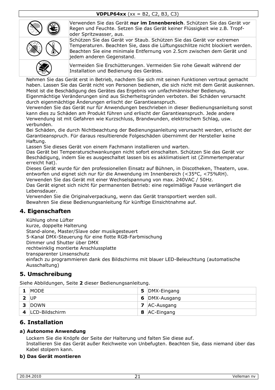 Eigenschaften, Umschreibung, Installation | Velleman VDPLP64B2 User Manual | Page 21 / 26