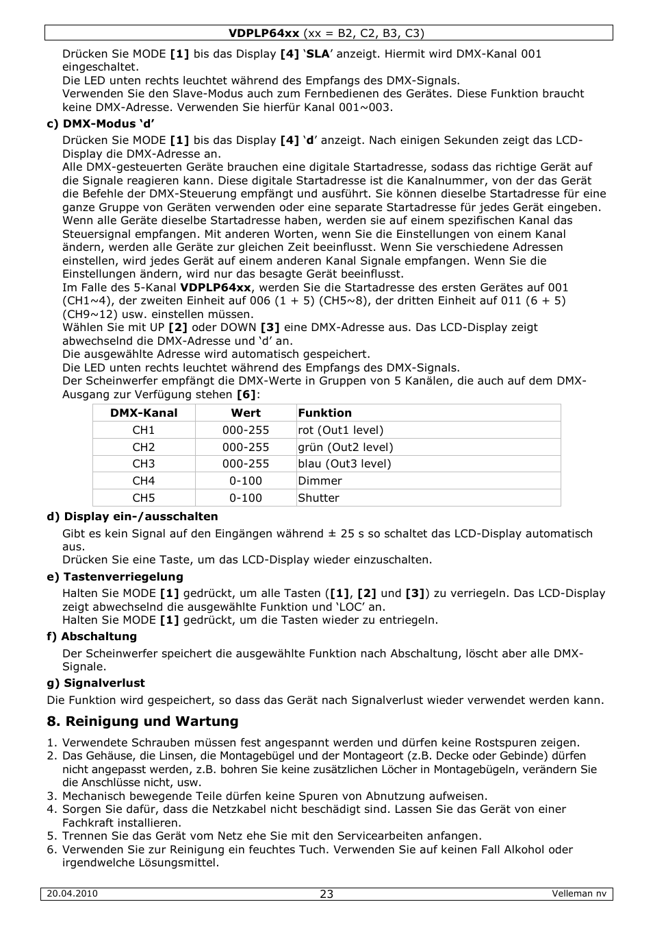 Reinigung und wartung | Velleman VDPLP64B2 User Manual | Page 23 / 26