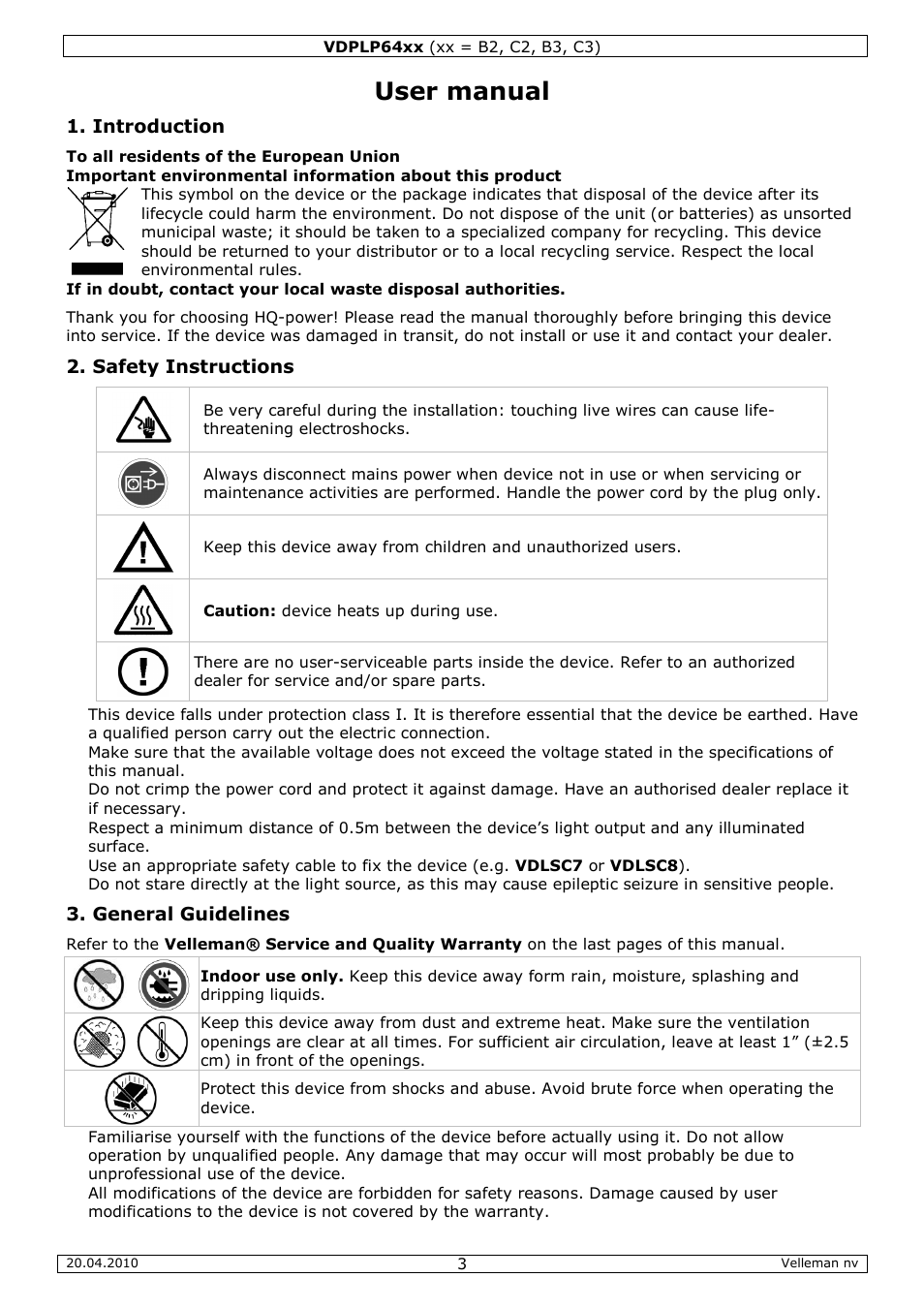 User manual, Introduction, Safety instructions | General guidelines | Velleman VDPLP64B2 User Manual | Page 3 / 26