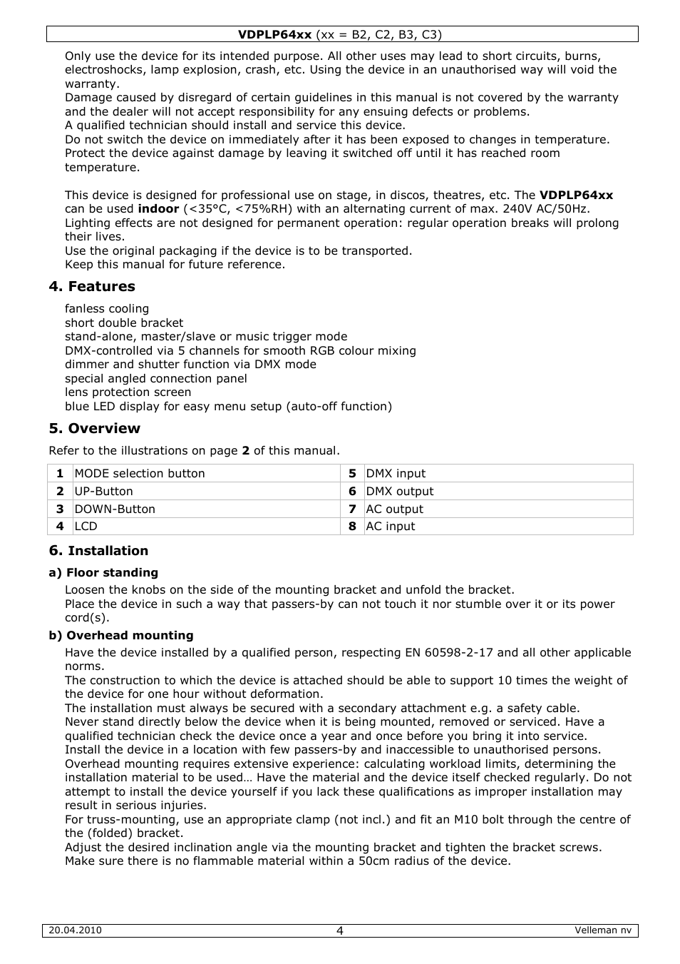 Features, Overview | Velleman VDPLP64B2 User Manual | Page 4 / 26
