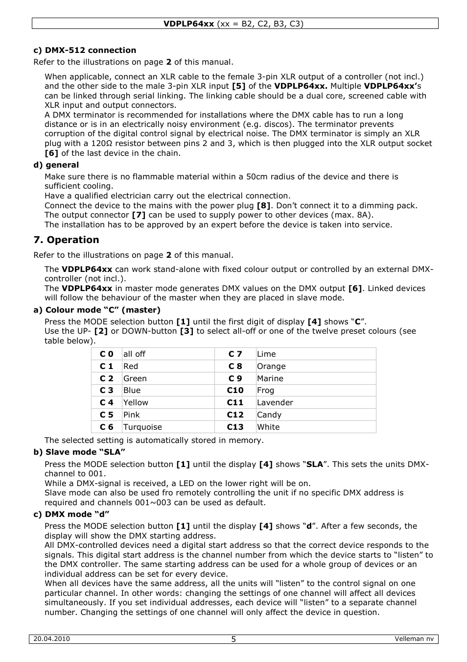 Operation | Velleman VDPLP64B2 User Manual | Page 5 / 26