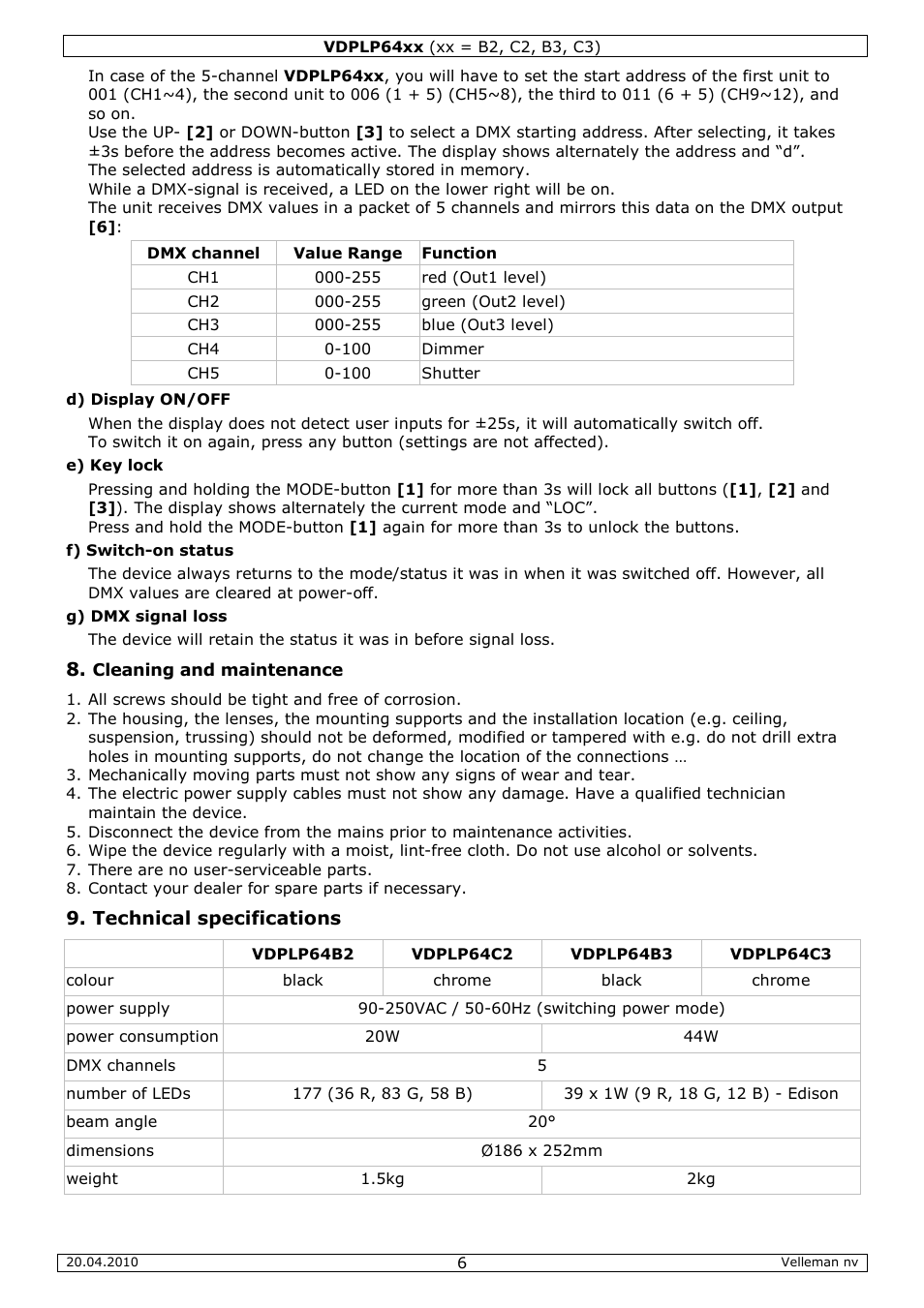 Technical specifications | Velleman VDPLP64B2 User Manual | Page 6 / 26