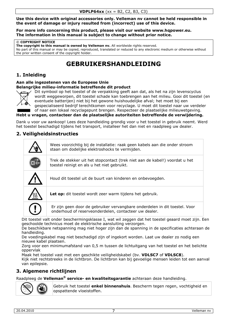 Gebruikershandleiding, Inleiding, Veiligheidsinstructies | Algemene richtlijnen | Velleman VDPLP64B2 User Manual | Page 7 / 26