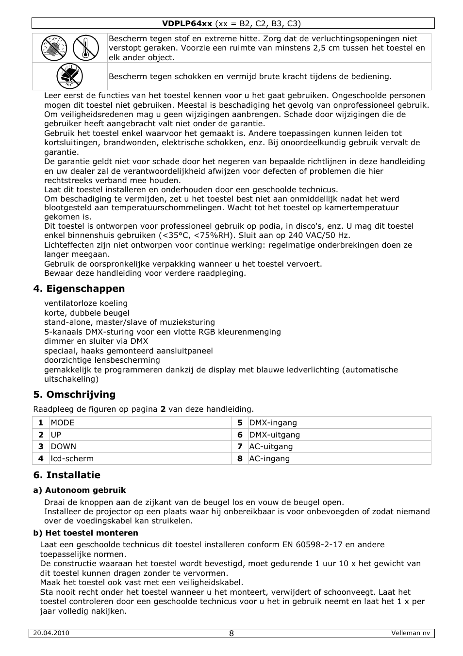 Eigenschappen, Omschrijving, Installatie | Velleman VDPLP64B2 User Manual | Page 8 / 26
