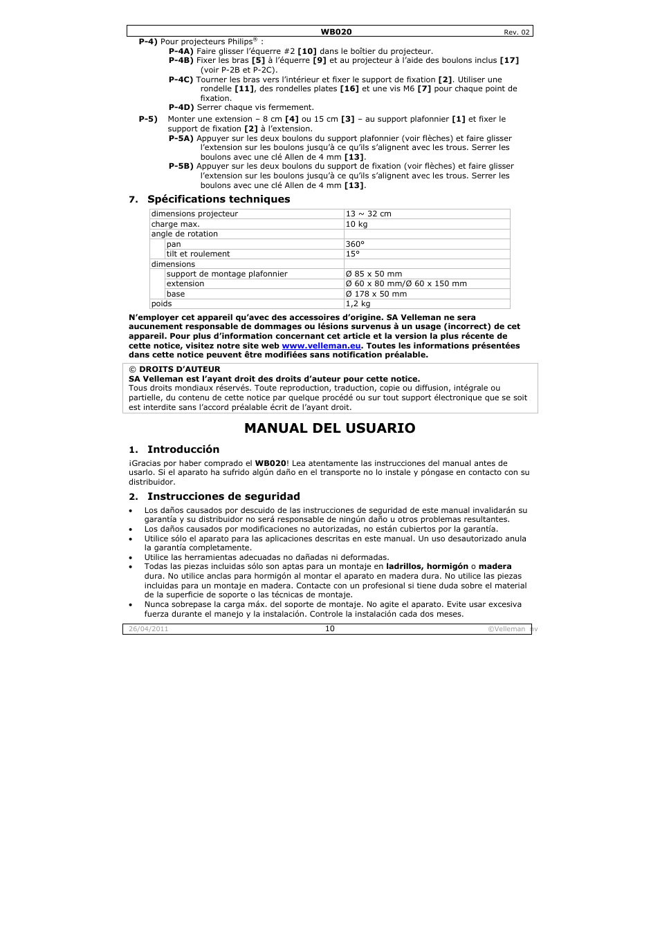 Manual del usuario | Velleman WB020 User Manual | Page 10 / 18