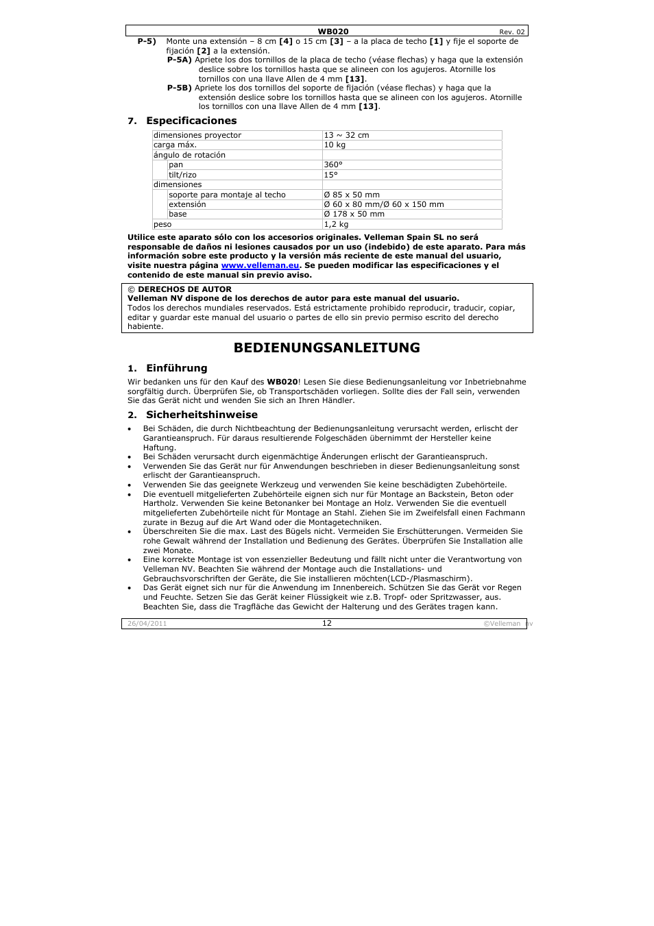Bedienungsanleitung | Velleman WB020 User Manual | Page 12 / 18