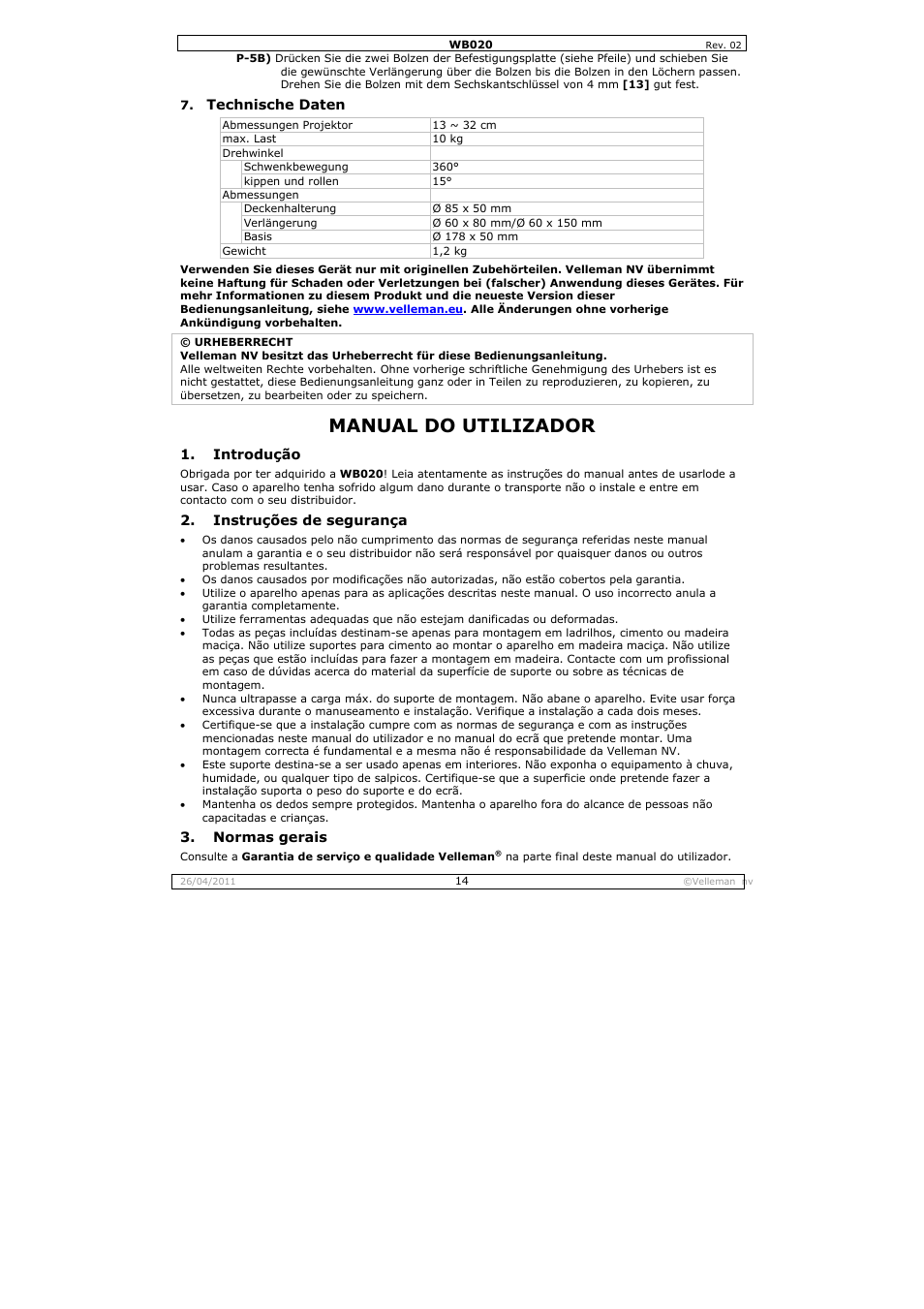 Manual do utilizador | Velleman WB020 User Manual | Page 14 / 18