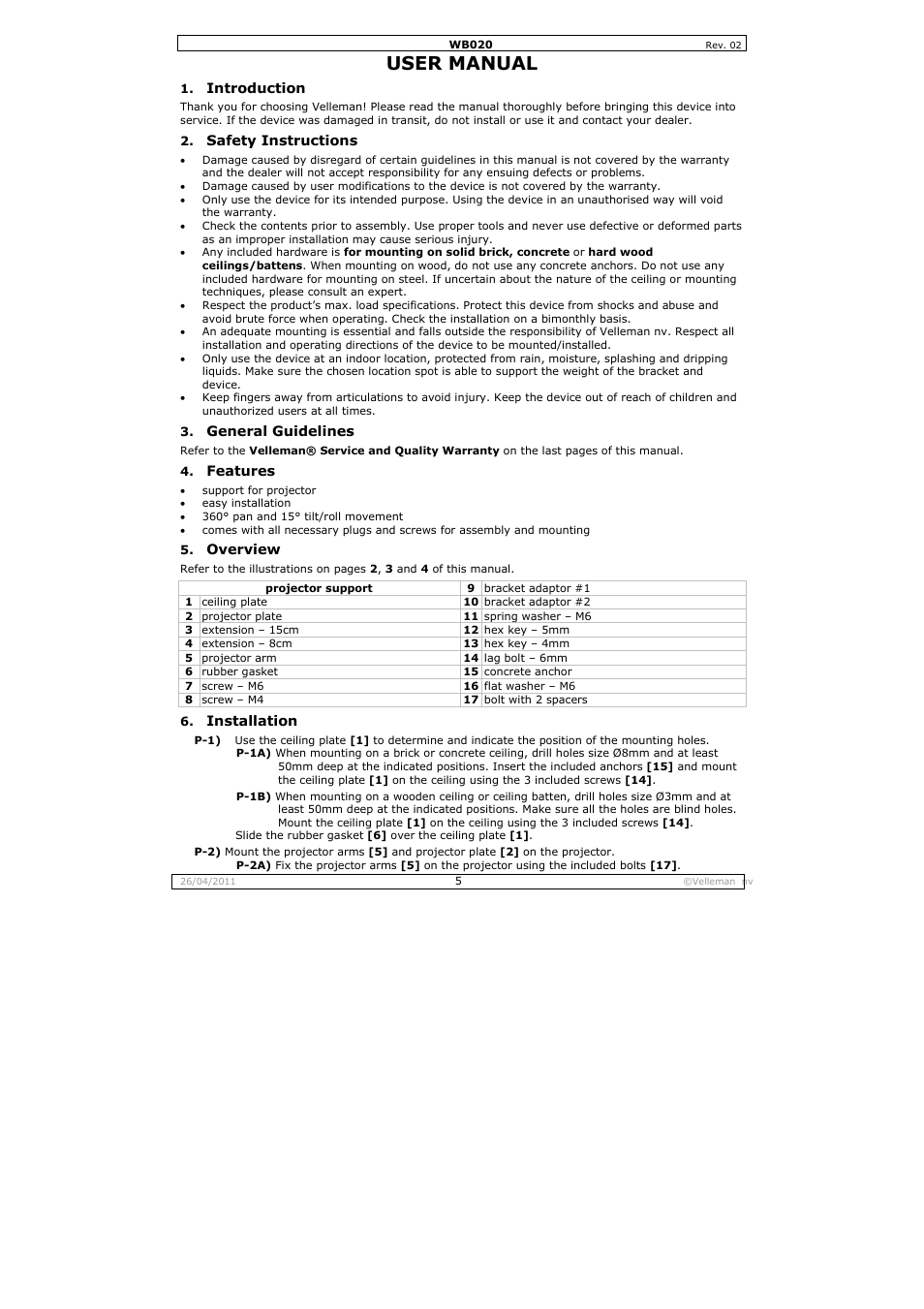 User manual | Velleman WB020 User Manual | Page 5 / 18