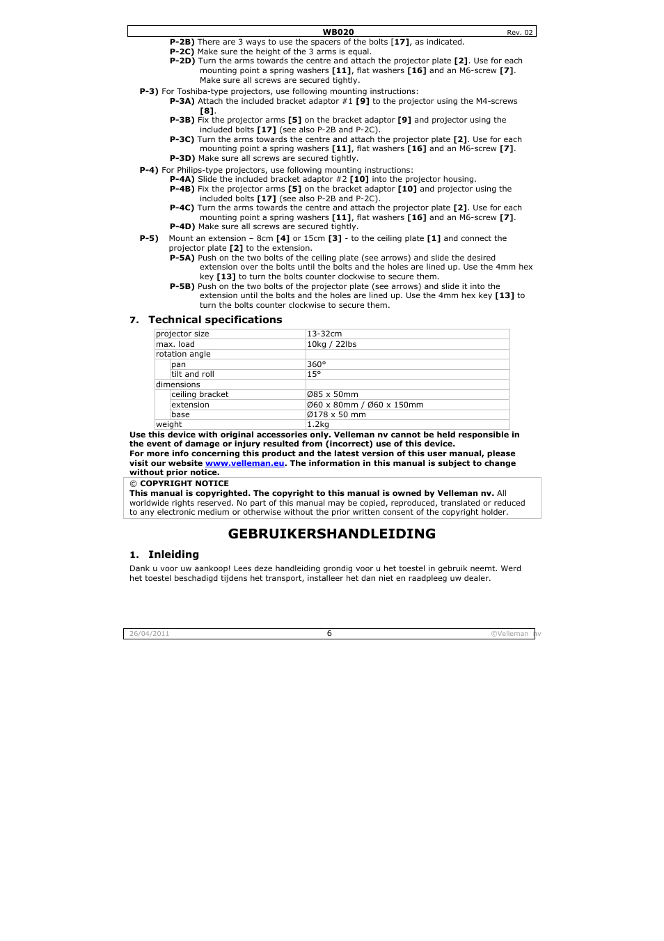 Gebruikershandleiding | Velleman WB020 User Manual | Page 6 / 18