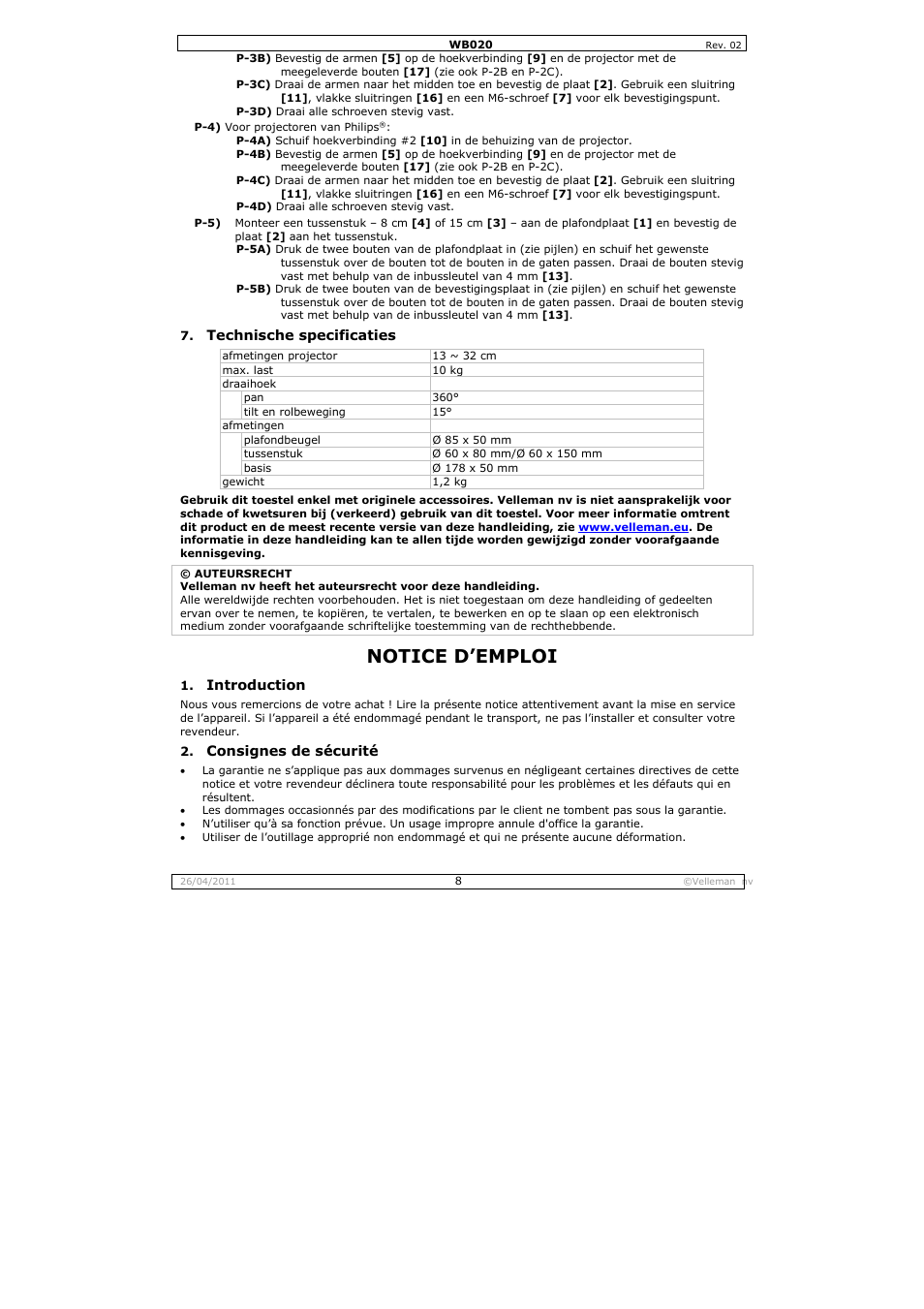 Notice d'emploi, Notice d’emploi | Velleman WB020 User Manual | Page 8 / 18