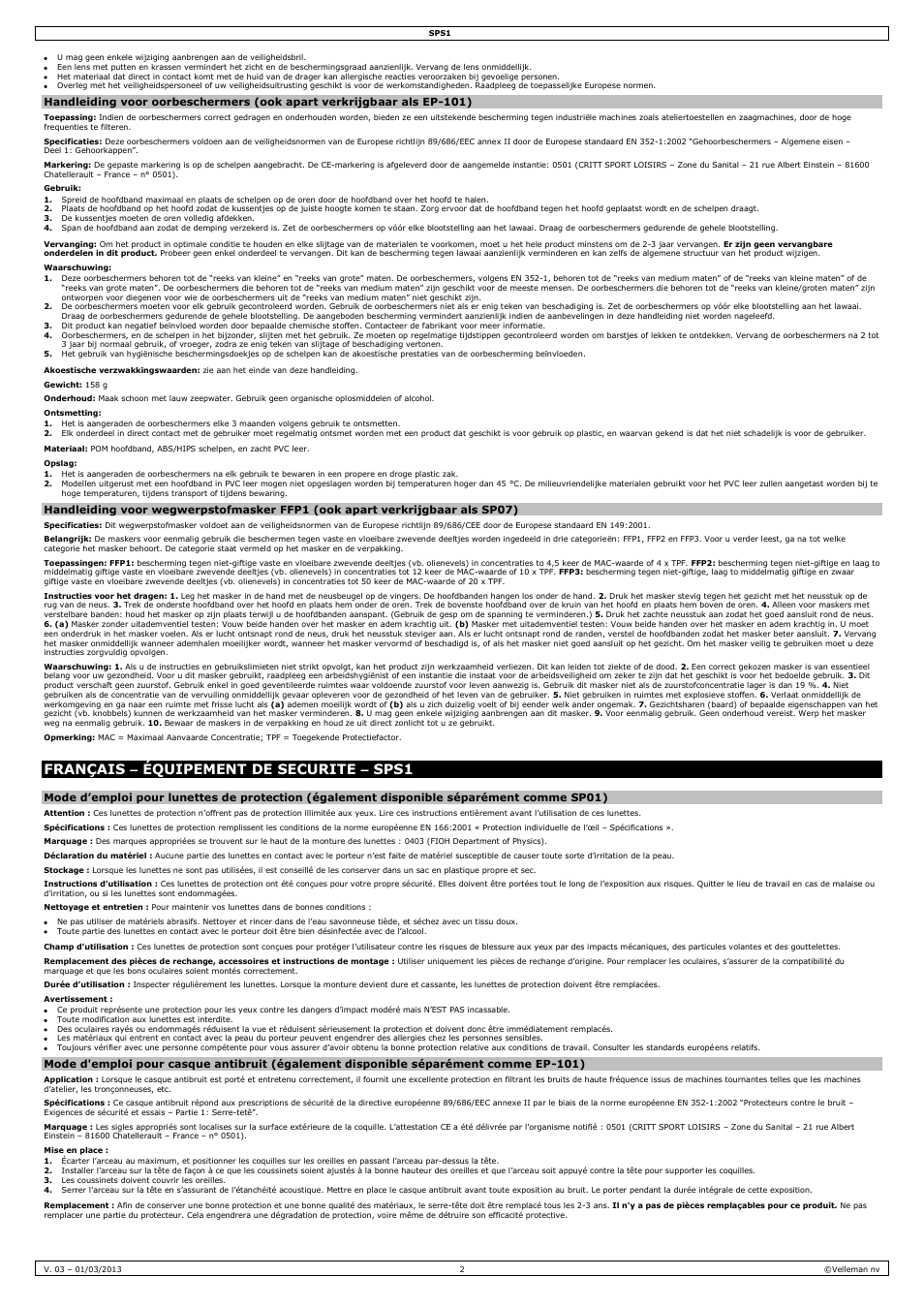 Gebruik, Waarschuwing, Ontsmetting | Opslag, Français – équipement de sécurité – sps1, Avertissement, Mise en place, Français – équipement de securite – sps1 | Velleman SPS1 User Manual | Page 2 / 8