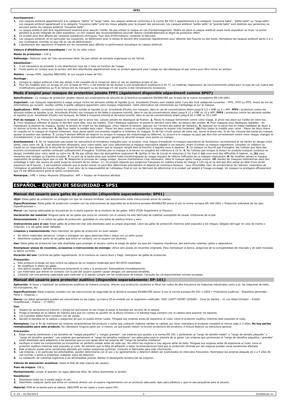 Avertissement, Désinfection, Stockage | Español – equipo de seguridad – sps1, Precaución, Desinfectar | Velleman SPS1 User Manual | Page 3 / 8