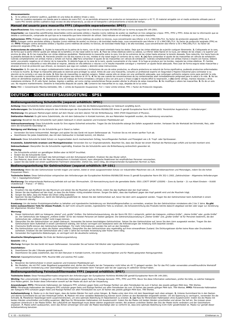 Almacenamiento, Deutsch – sicherheitsausrüstung – sps1, Warnung | Anwendung, Desinfektion, Lagerung | Velleman SPS1 User Manual | Page 4 / 8