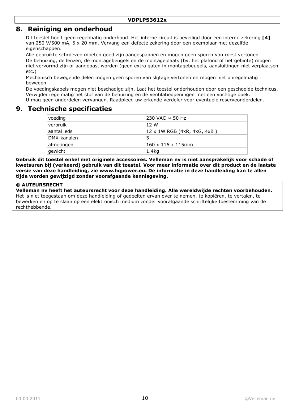 Reiniging en onderhoud, Technische specificaties | Velleman VDPLPS3612B User Manual | Page 10 / 24