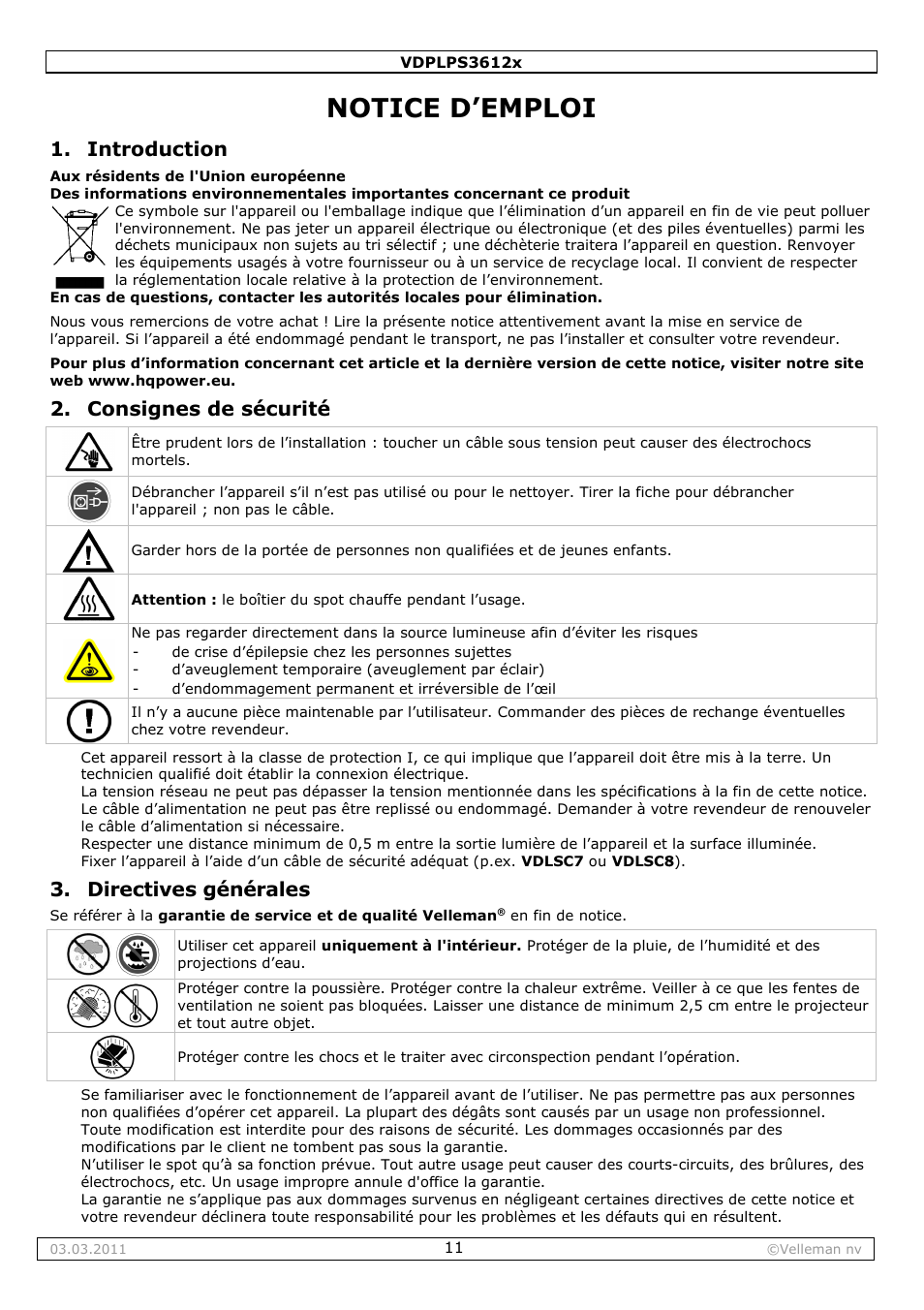 Notice d’emploi, Introduction, Consignes de sécurité | Directives générales | Velleman VDPLPS3612B User Manual | Page 11 / 24