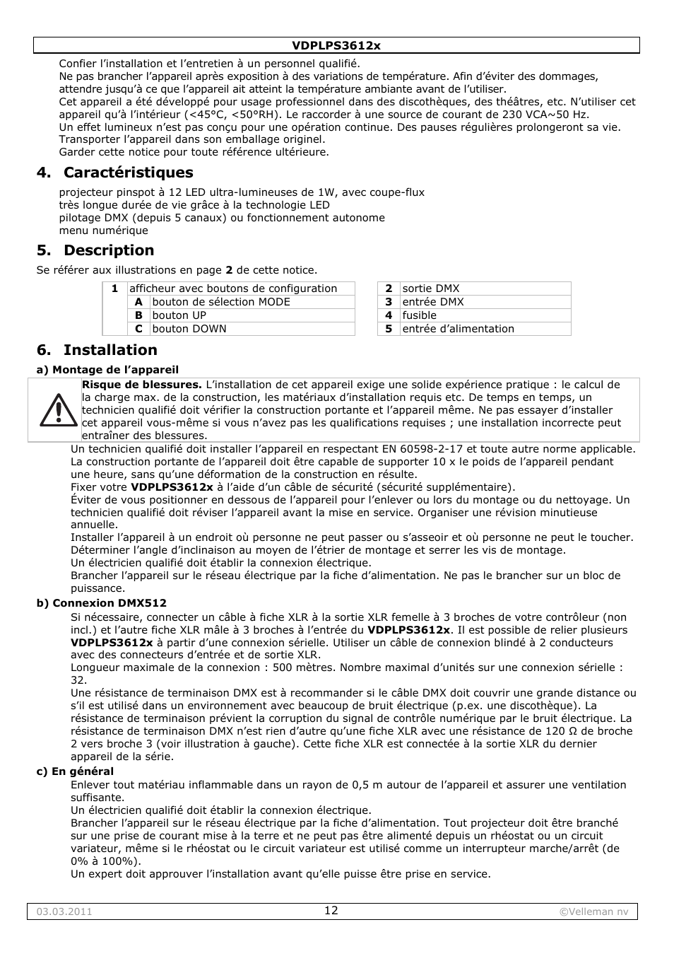 Caractéristiques, Description, Installation | Velleman VDPLPS3612B User Manual | Page 12 / 24