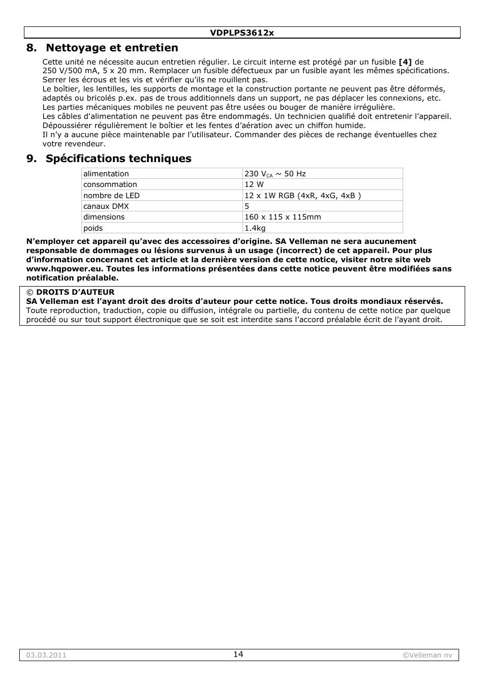 Nettoyage et entretien, Spécifications techniques | Velleman VDPLPS3612B User Manual | Page 14 / 24