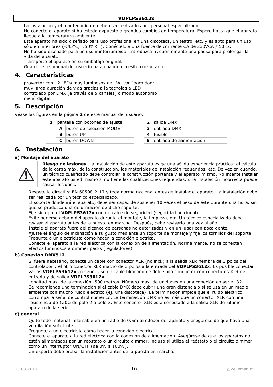 Características, Descripción, Instalación | Velleman VDPLPS3612B User Manual | Page 16 / 24