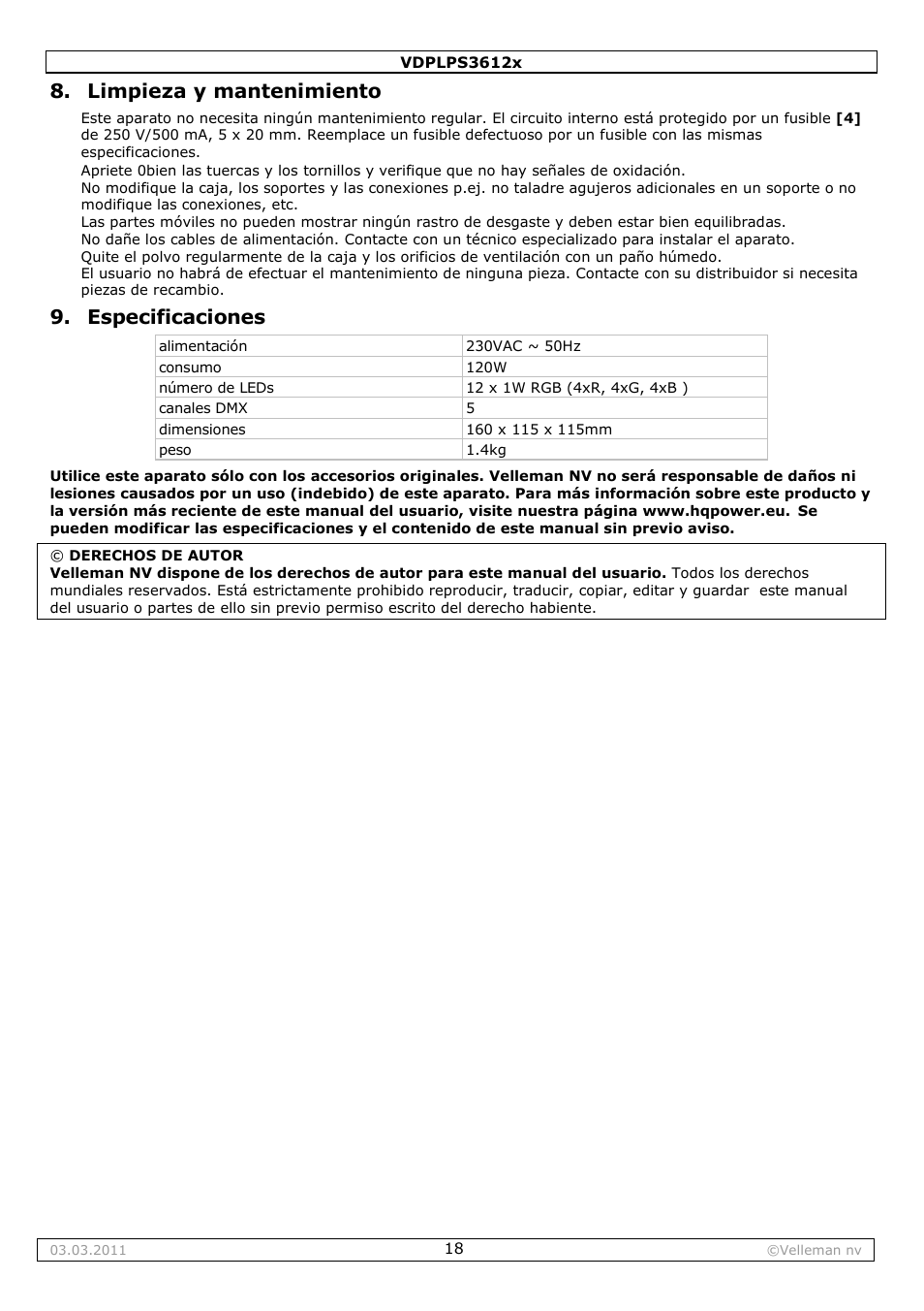 Limpieza y mantenimiento, Especificaciones | Velleman VDPLPS3612B User Manual | Page 18 / 24
