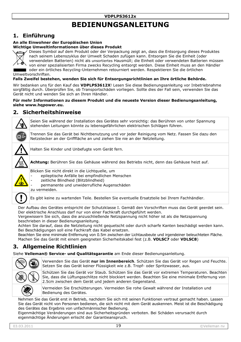 Bedienungsanleitung, Einführung, Sicherheitshinweise | Allgemeine richtlinien | Velleman VDPLPS3612B User Manual | Page 19 / 24
